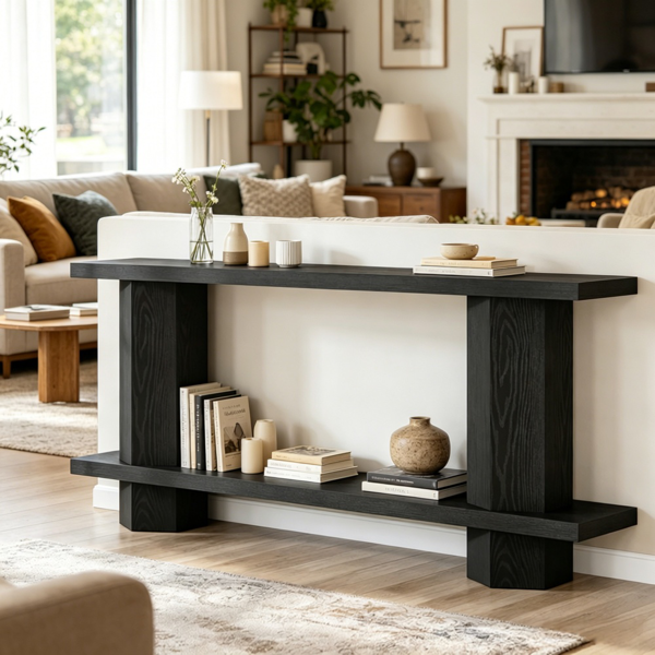 Sturdy Long Console Table with Unique Hexahedron Legs