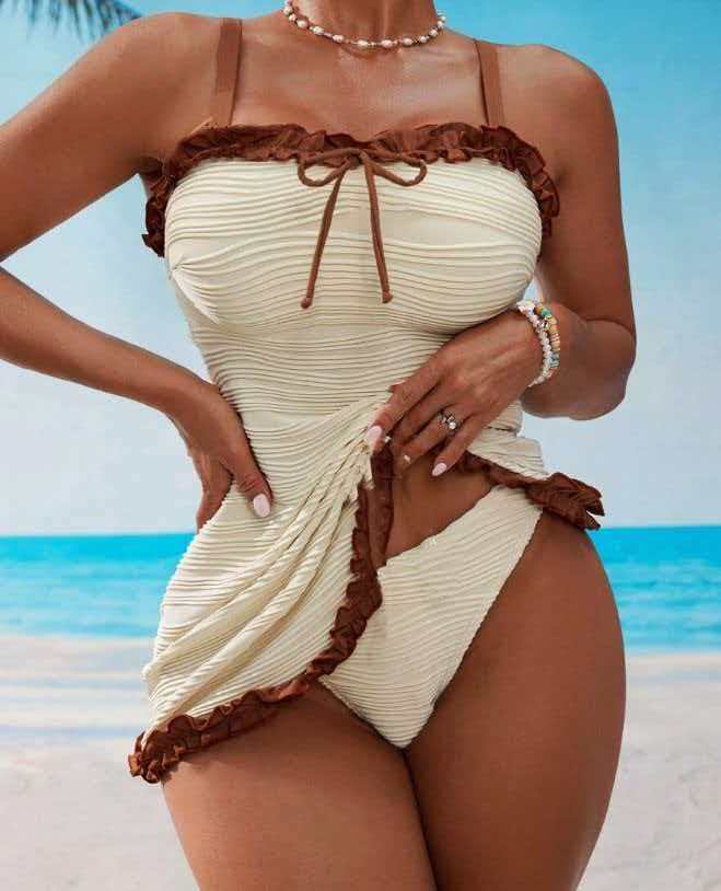 Striped Women's Swimsuit Set - Minimalist Design, Off-White