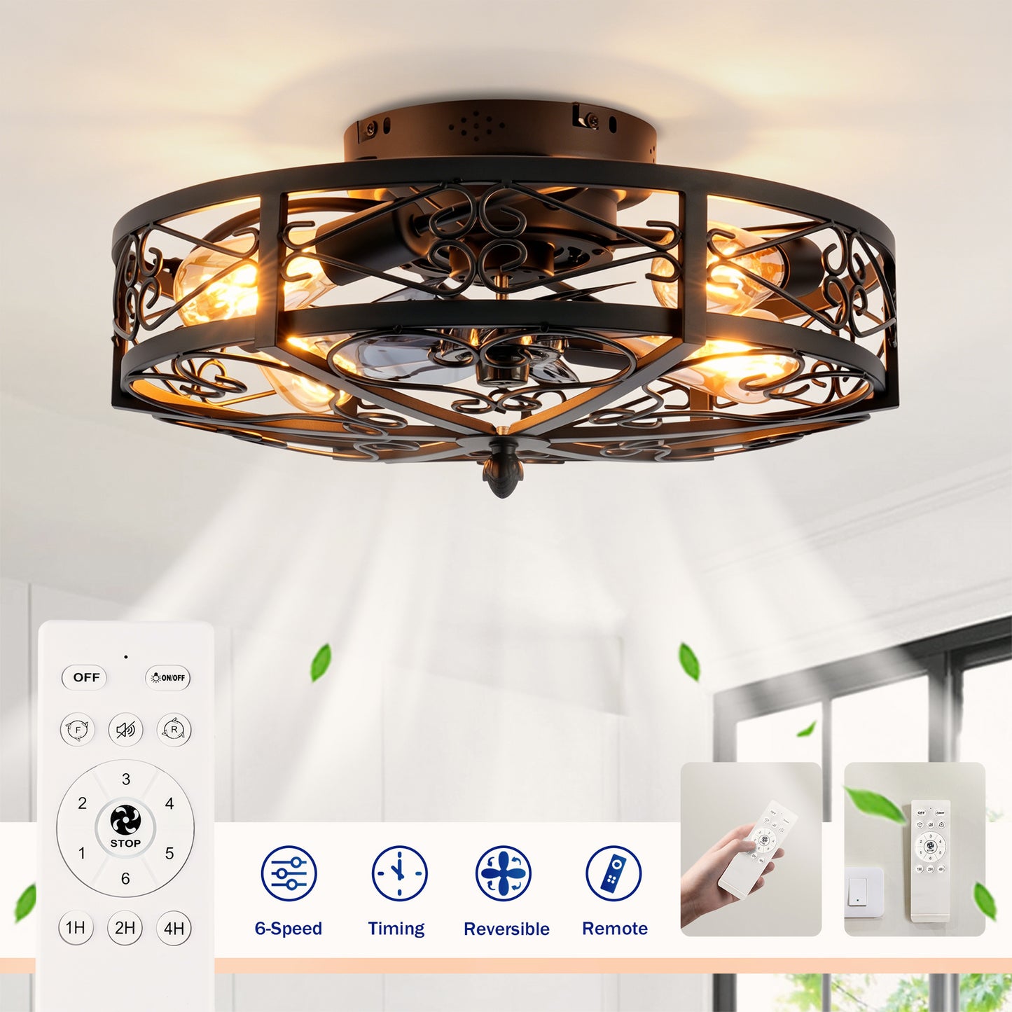 20in Ceiling Fan with Lights Remote Control Reversible DC Motor Black