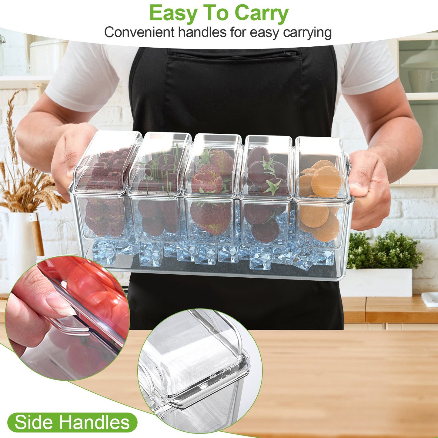 Ice Chilled Condiment Caddy with 5 Removable Food Trays & Tongs