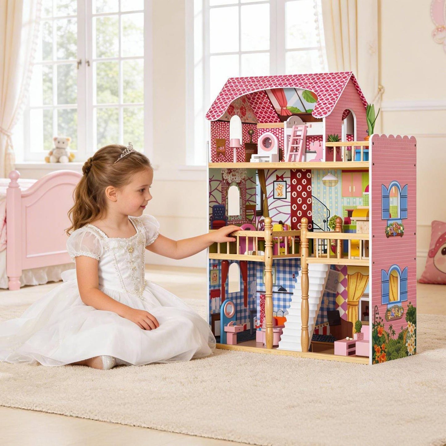 3-Story Wooden Dollhouse with 14 Accessories - Kids Playhouse