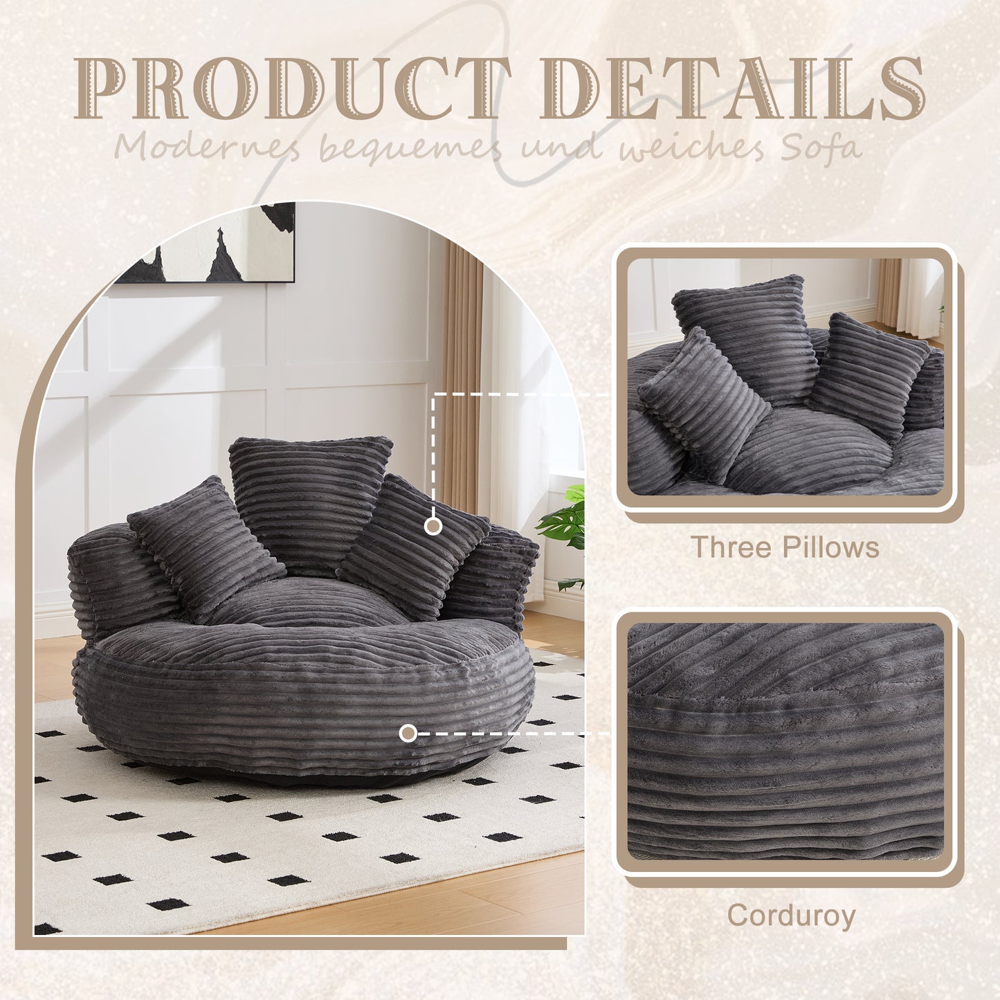 Oversized Corduroy Bean Bag Chair with 3 Pillows - Dark Gray