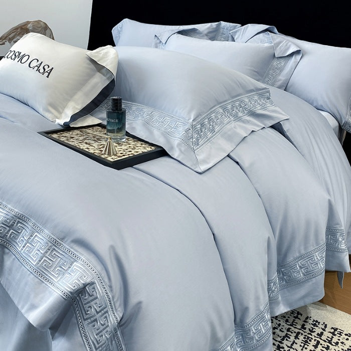 Double-Ply Cotton Bedding Set with Embroidered Geometric Pattern - Four Pieces