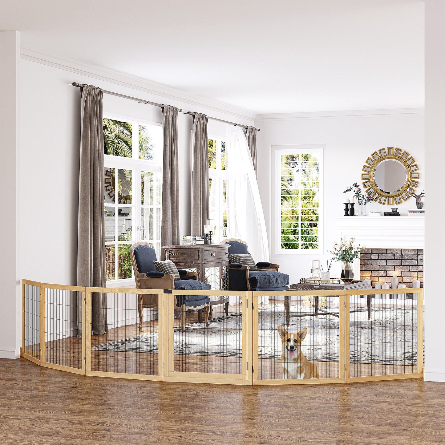 Wooden Pet Gate 6-Panel Folding Dog Safety Barrier for Small & Medium Dogs