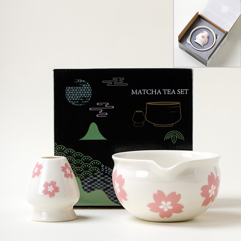 Ceramic Matcha Bowl Set Japanese Style Flower Pattern Home Barware