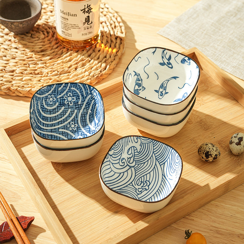 Porcelain Dipping Sauce Dish Set with Cherry Blossom Design - Small Square Plate for Kitchen & Restaurant Use