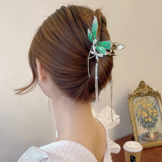 Large Tassel Hair Clip for Women - Korean Style Back of Head Hair Pin, Green