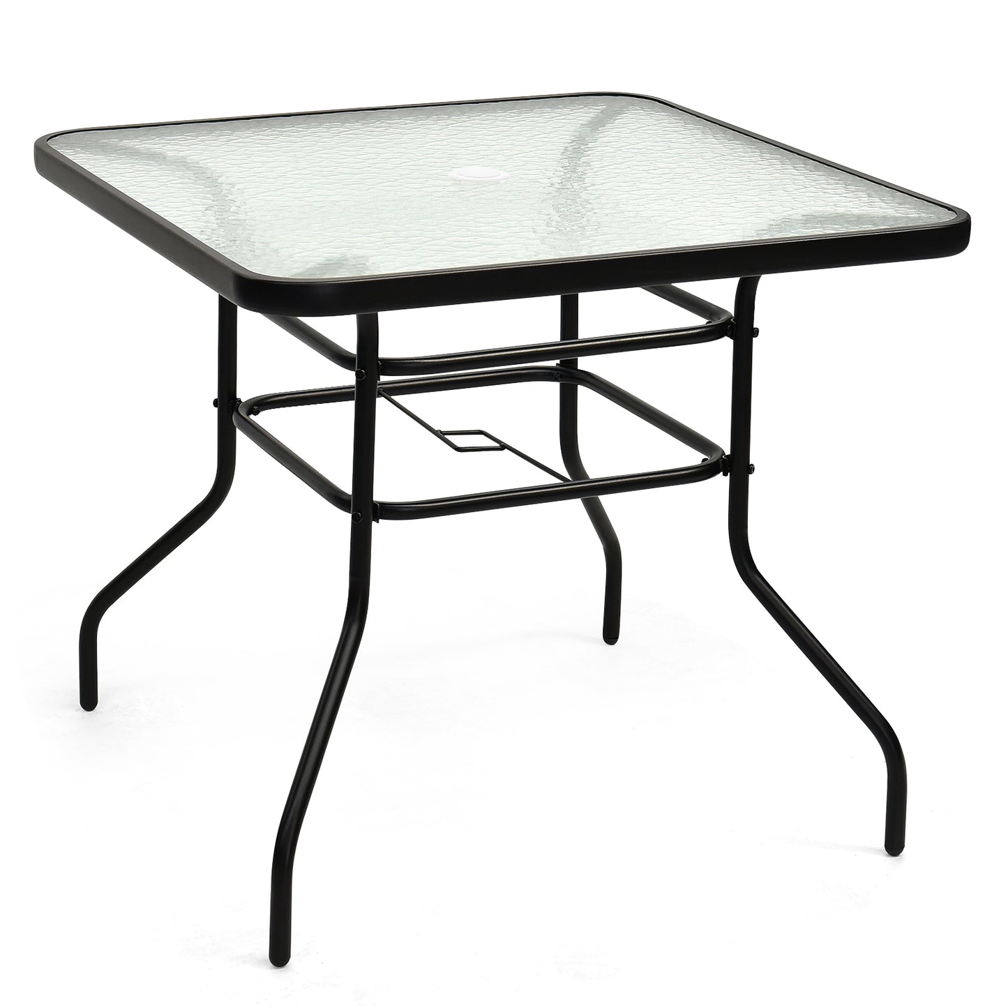 32-Inch Black Steel Square Patio Table with Tempered Glass Top