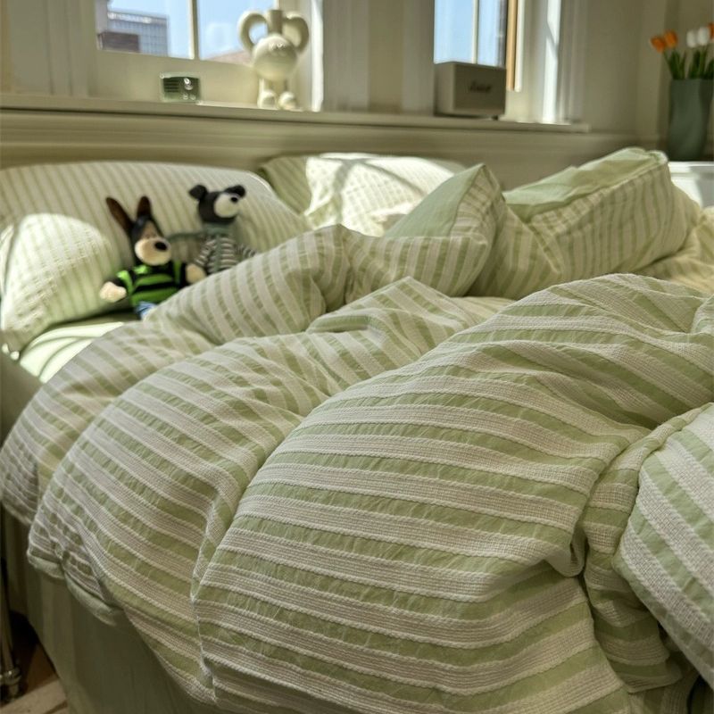 Korean-Style Striped Puffy Duvet Cover Bedding Set - All Sizes & Colors