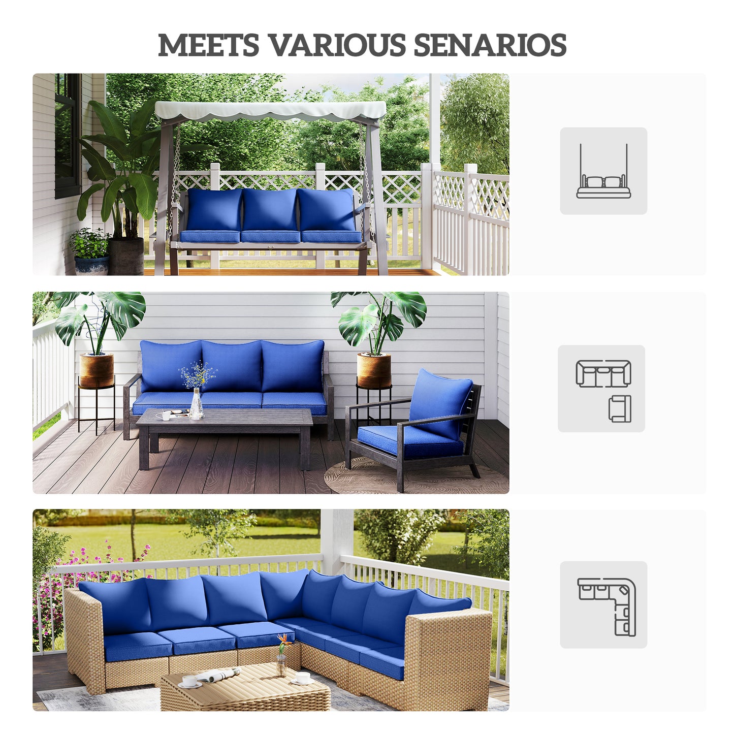 Navy Blue Patio Chair Cushions Set of 2 with Seat & Backrest