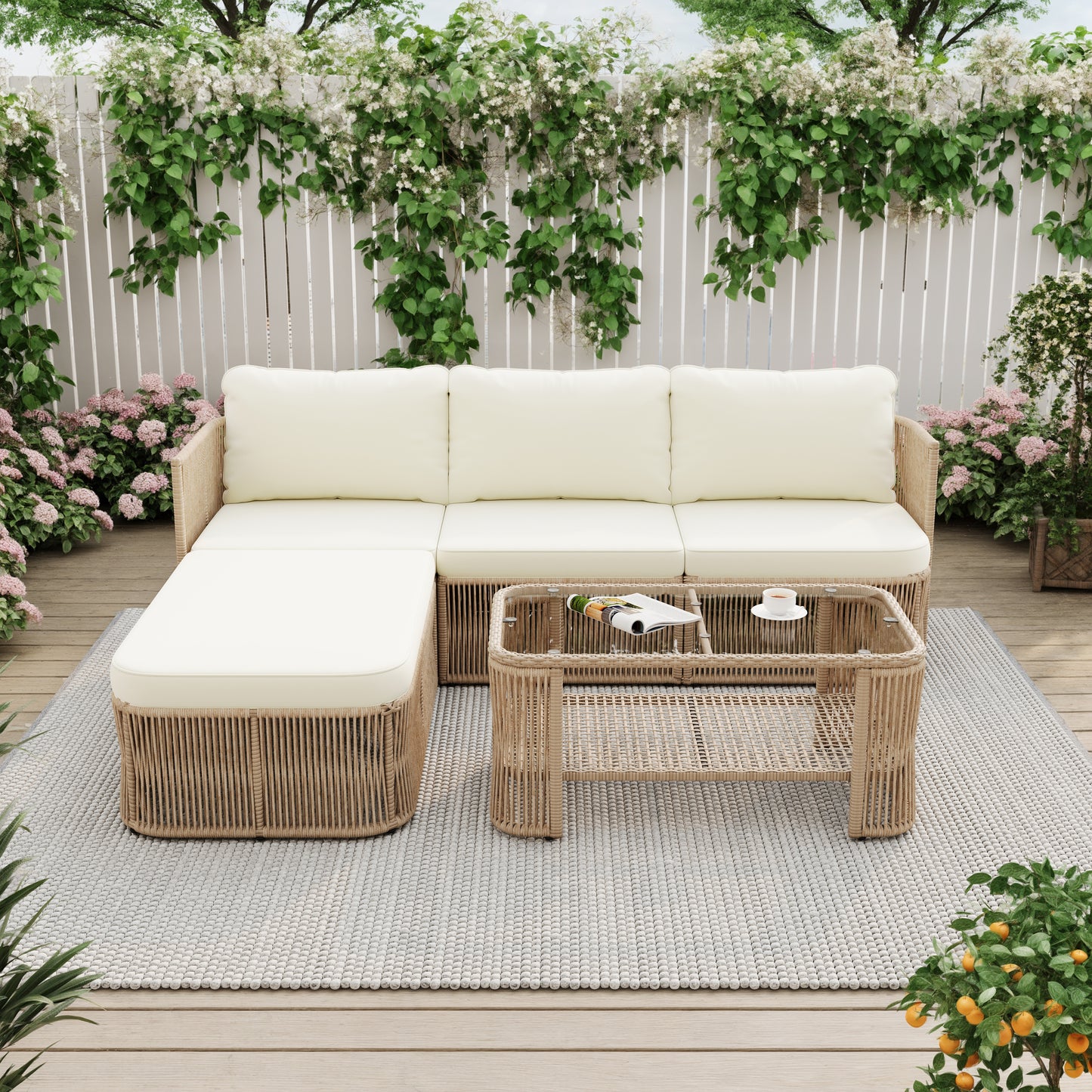 Outdoor Rattan Patio Furniture Set - Dark Beige Wicker Sofa