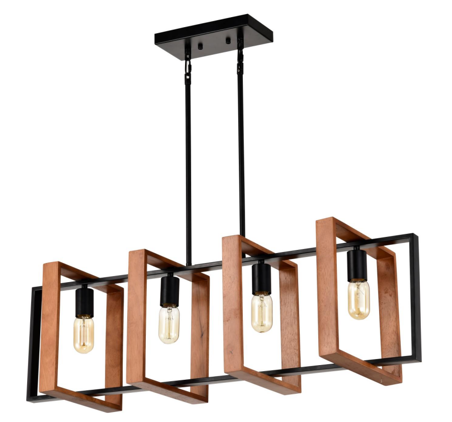 4-Light Farmhouse Pendant Light Fixture with Wooden Finish - Rustic Modern Chandelier for Kitchen & Dining