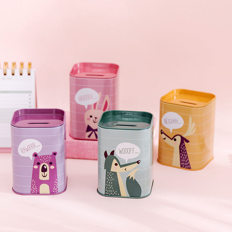 Square Metal Piggy Bank - Animal & Little Girl Series, Coin & Pen Storage