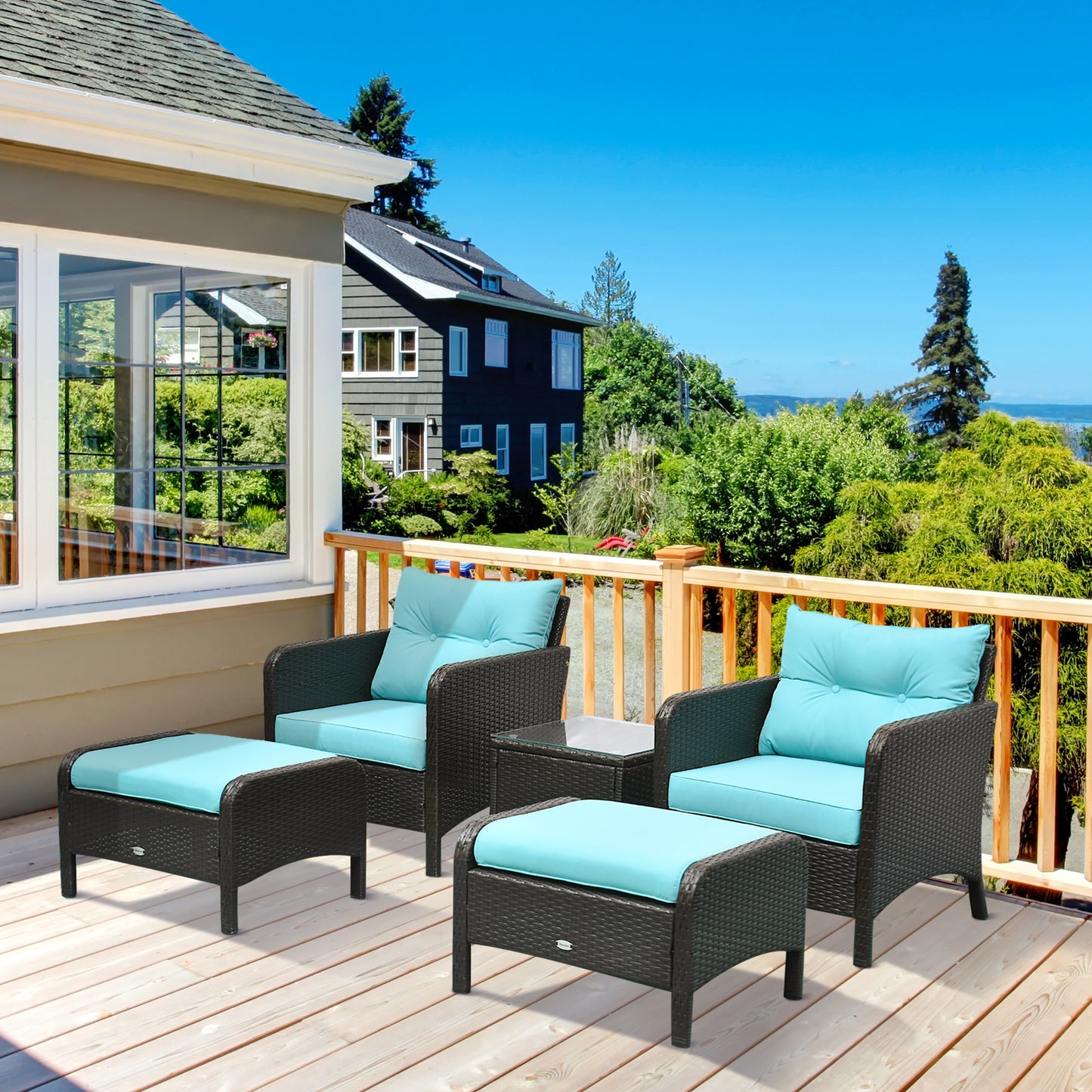 5-Piece Outdoor Rattan Lounge Chair Set with Coffee Table - Brown/Blue