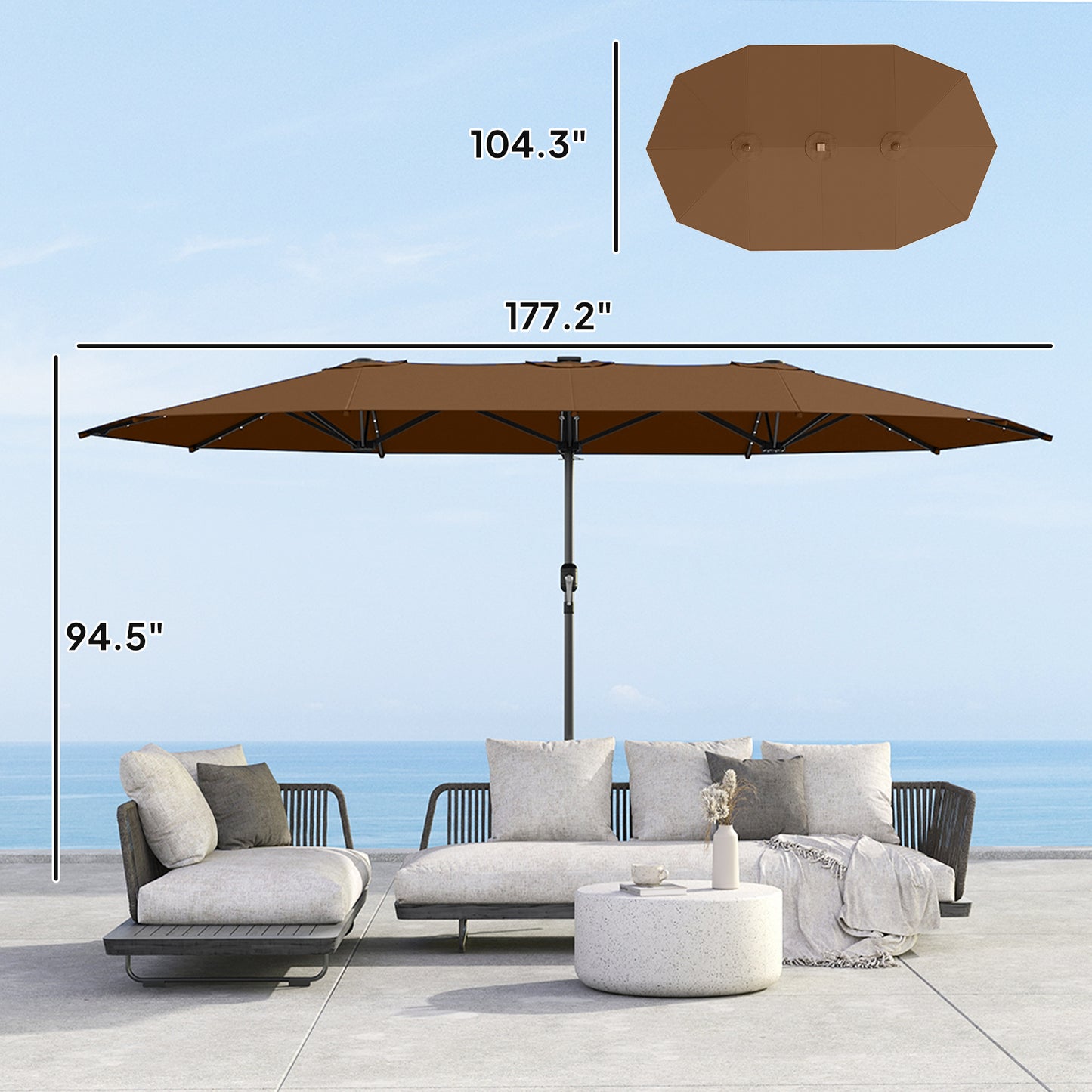 Double-Sided Garden Parasol with LED Solar Lights - Coffee