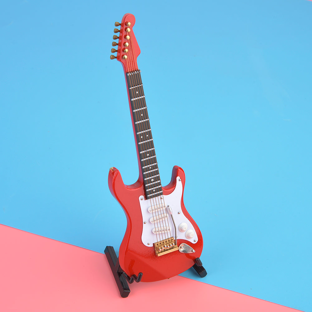 Mini Wooden Electric Guitar Model Ornament with Stand - Red