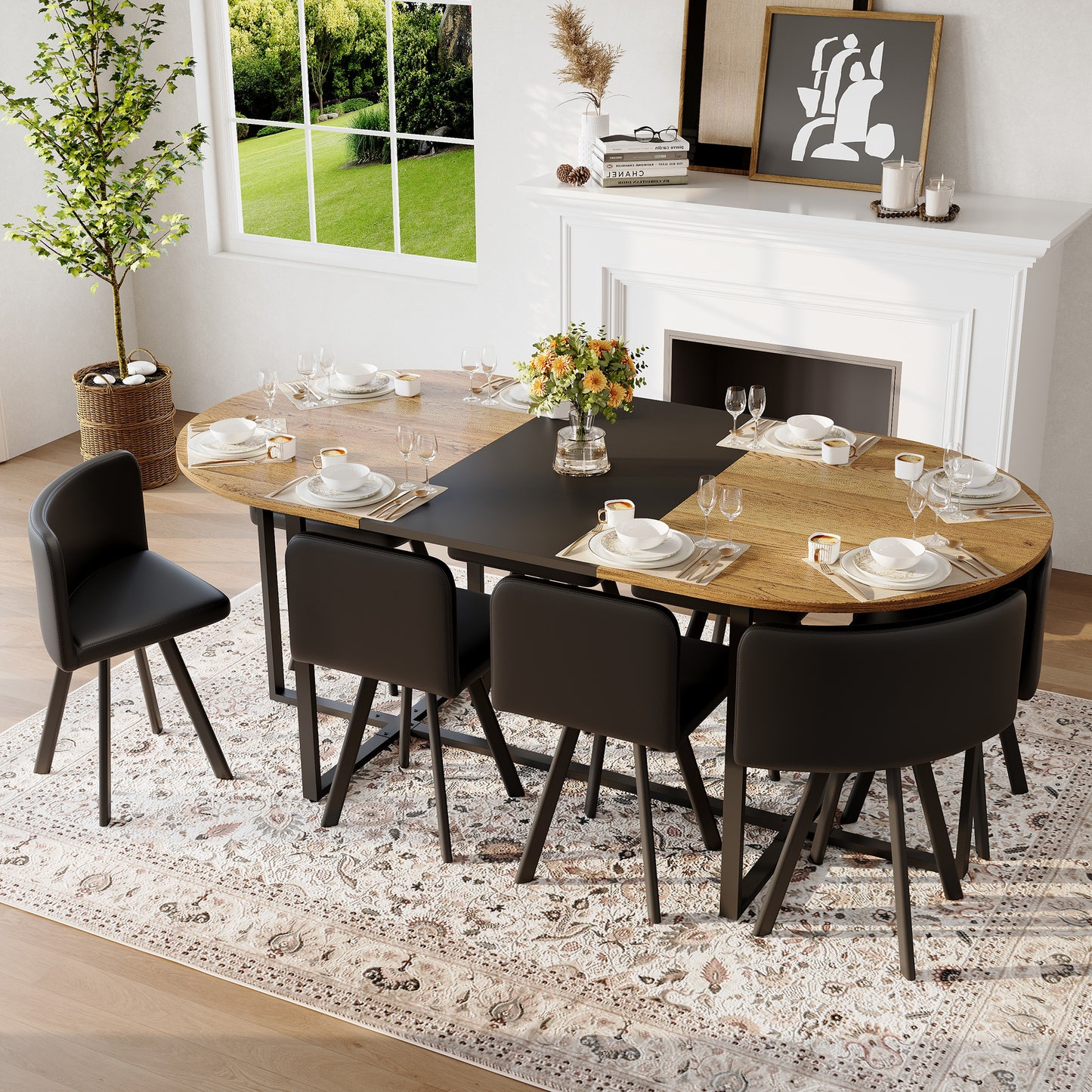 9-Piece Oval Dining Table Set, Fixed Two-Tone Wood Grain & Black