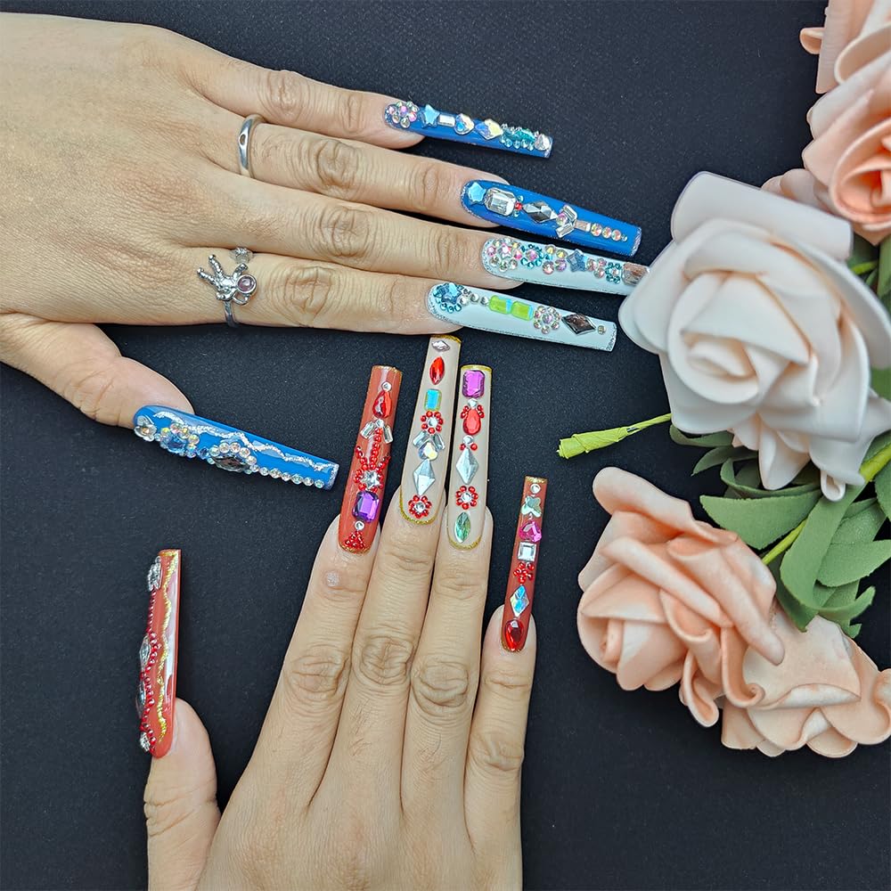 Long Handmade Press-On Nails with Butterfly & Rhinestones - Size M