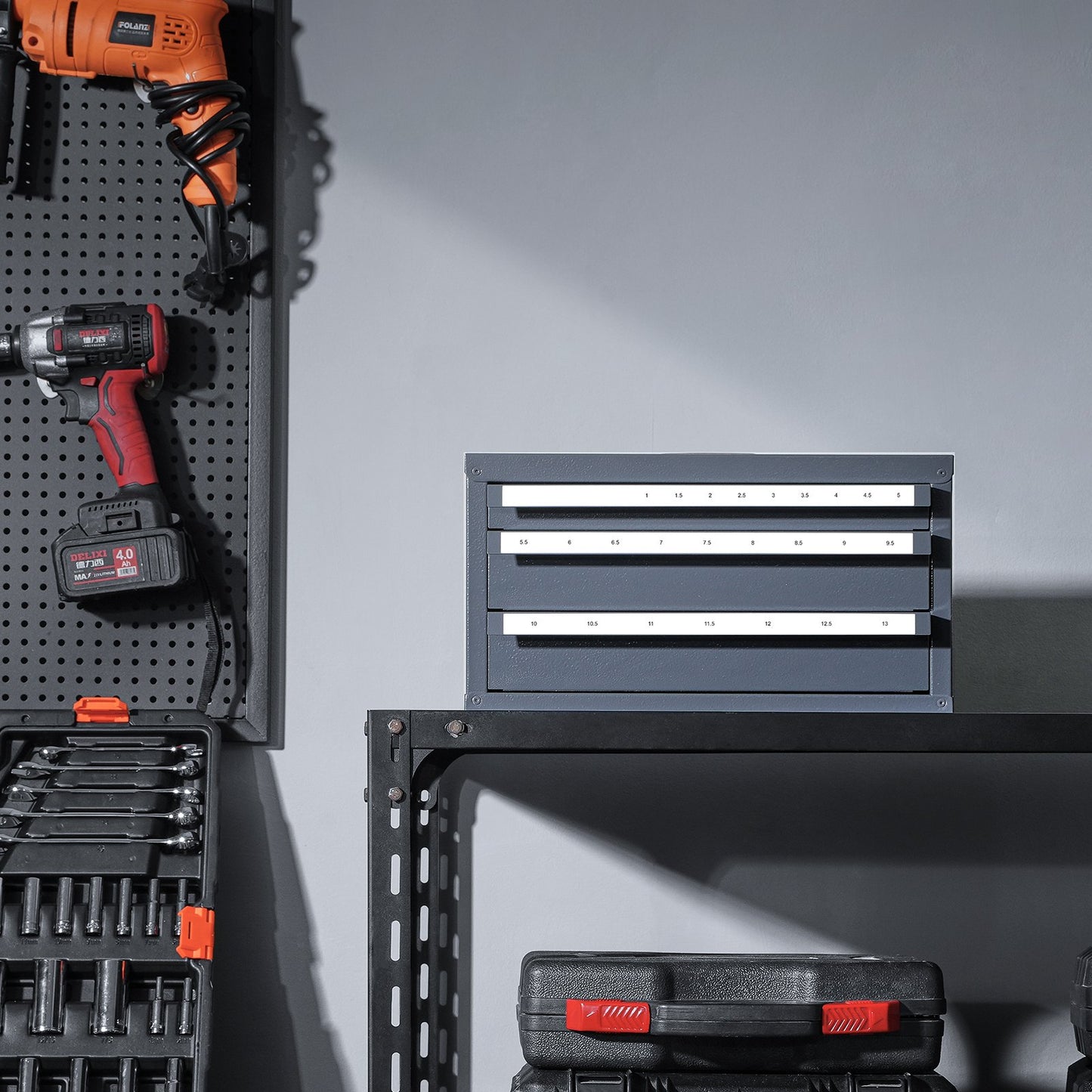Drill Bit Dispenser Cabinet - Steel Organizer with Labels for 1-13mm Bits, Stackable, Grey