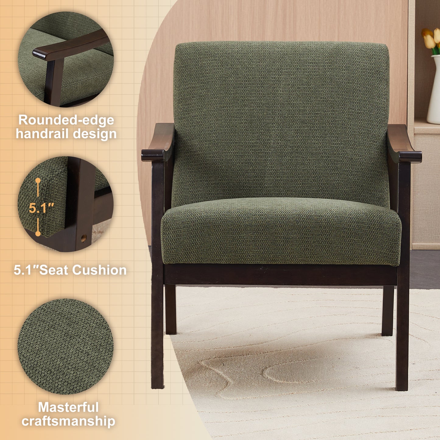 Antique Green High Back Armchair - Solid Wood Legs