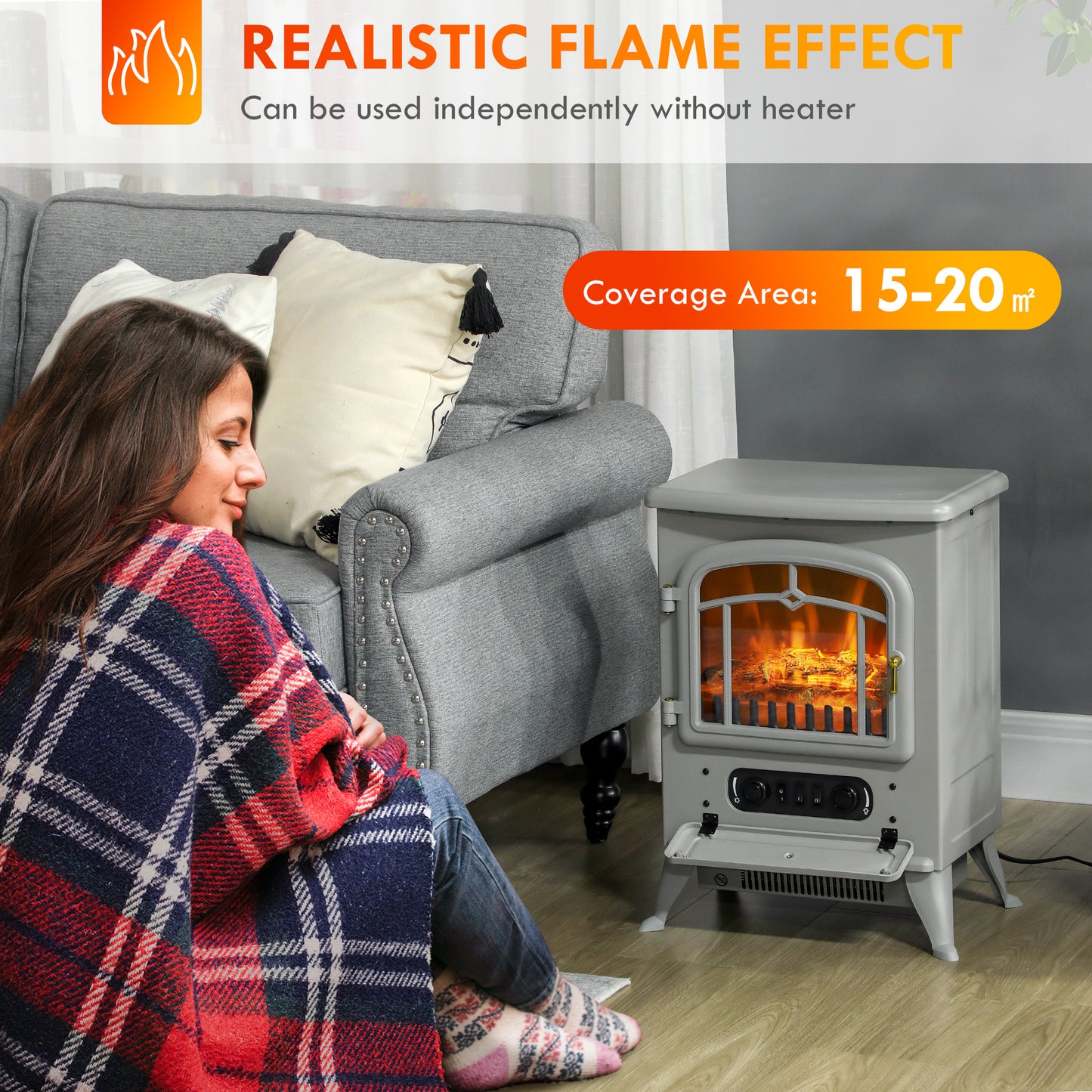 Electric Fireplace Heater with Realistic LED Flames, Logs, 725W/1450W - Gray