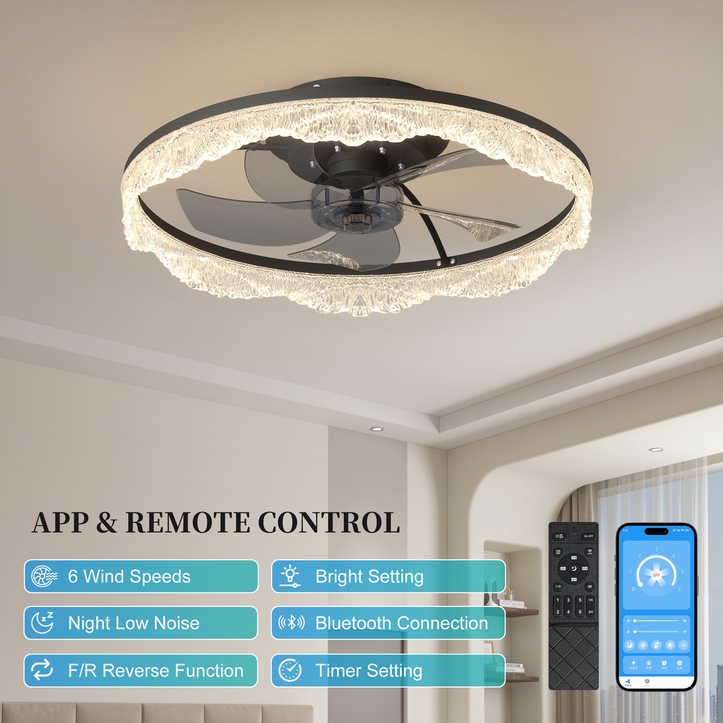 Modern LED Ceiling Fan Light with Remote Control & Dimmable Light