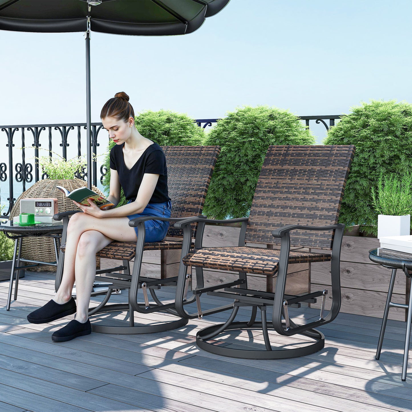 Rattan Swivel Patio Glider Chair Set of 2 - Brown