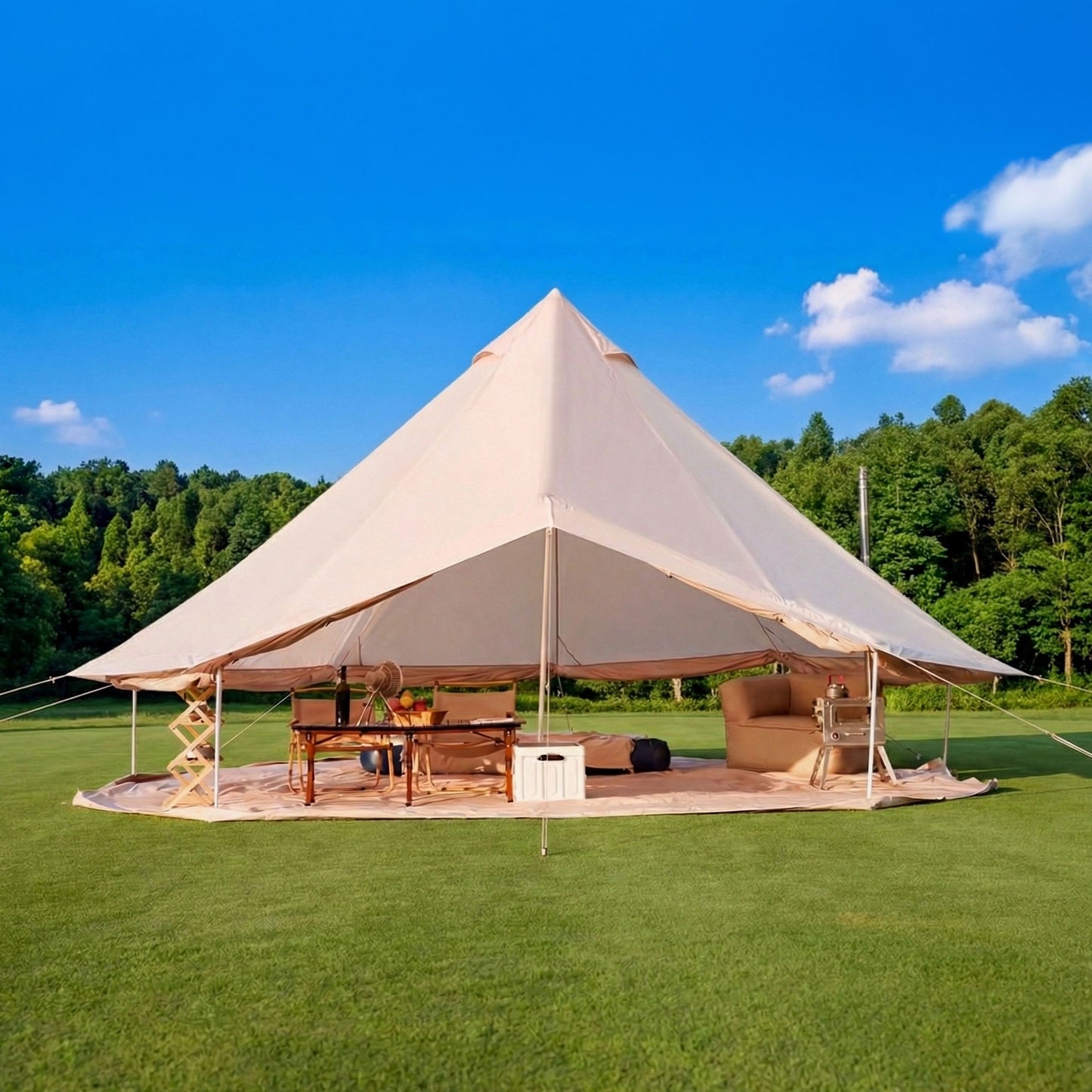 Beige 4-Season Bell Tent 13.1FT - Waterproof Family Camping Yurt