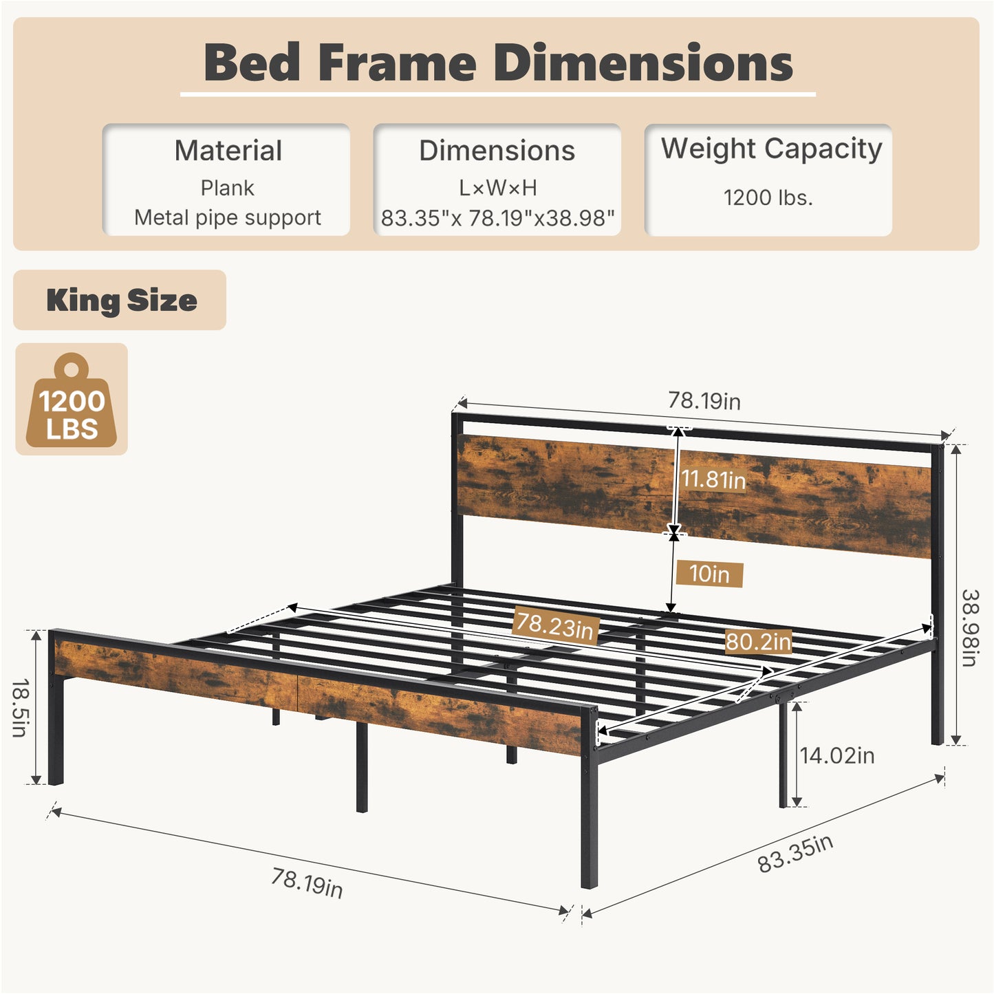 Heavy-Duty Metal Platform Bed with Wooden Headboard and Storage