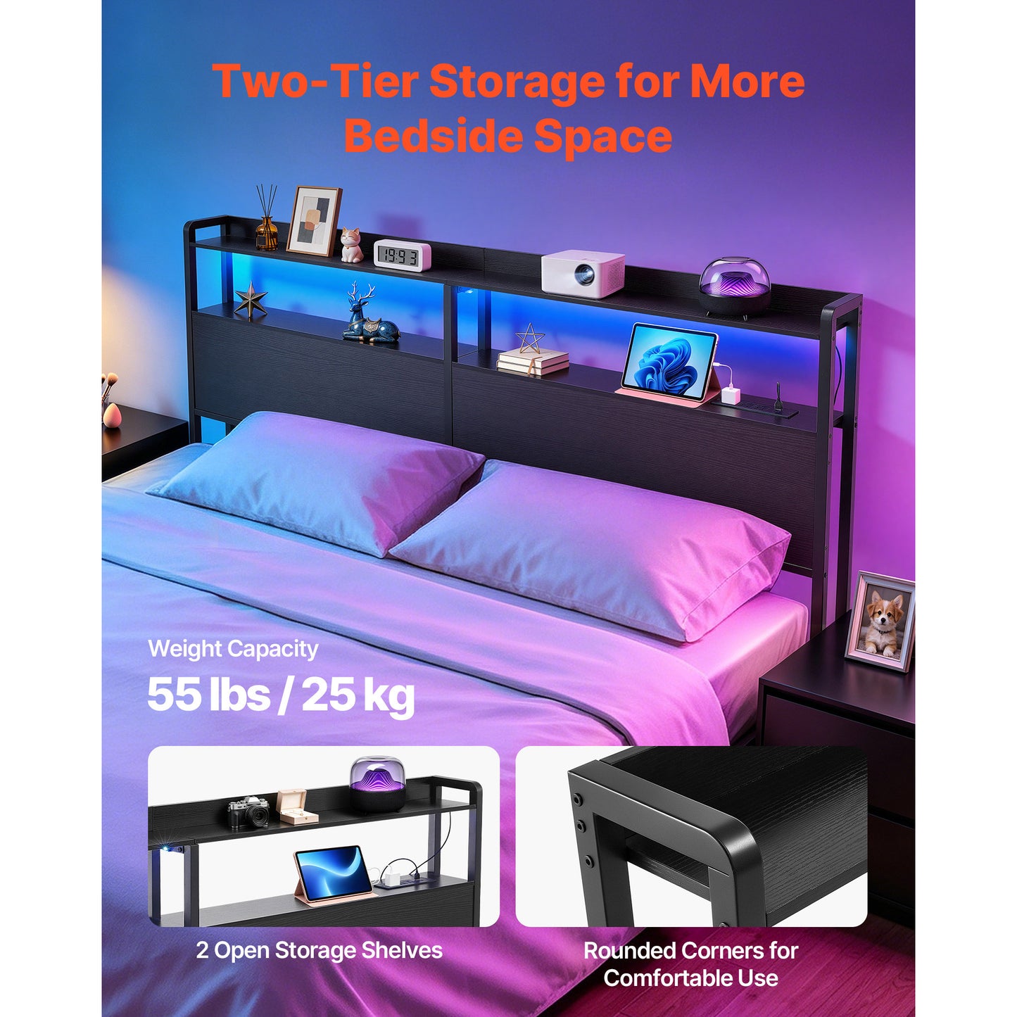 King Size Bed Headboard with Storage Shelves LED Light and Charging Ports