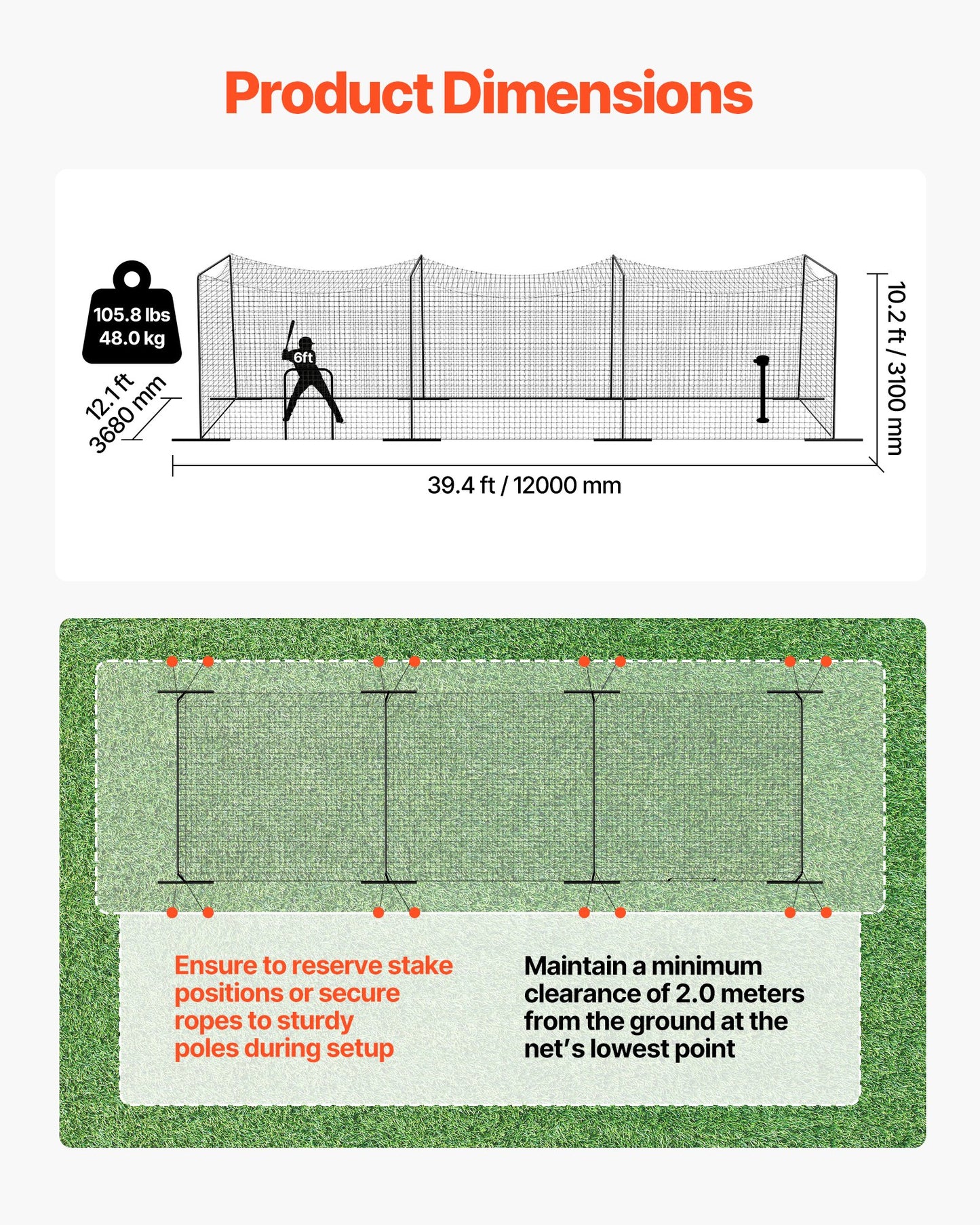 Portable Baseball Batting Cage 39.4x12.1x10.2 ft with Heavy-Duty Net & Steel Frame