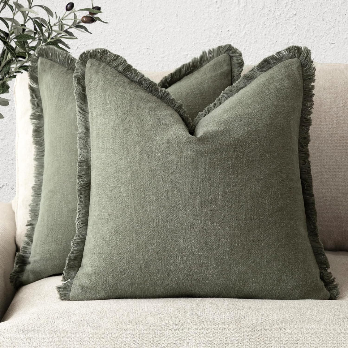 Decorative Linen Fringe Throw Pillow Cover - 18x18 Inch, Olive Green Set of 2