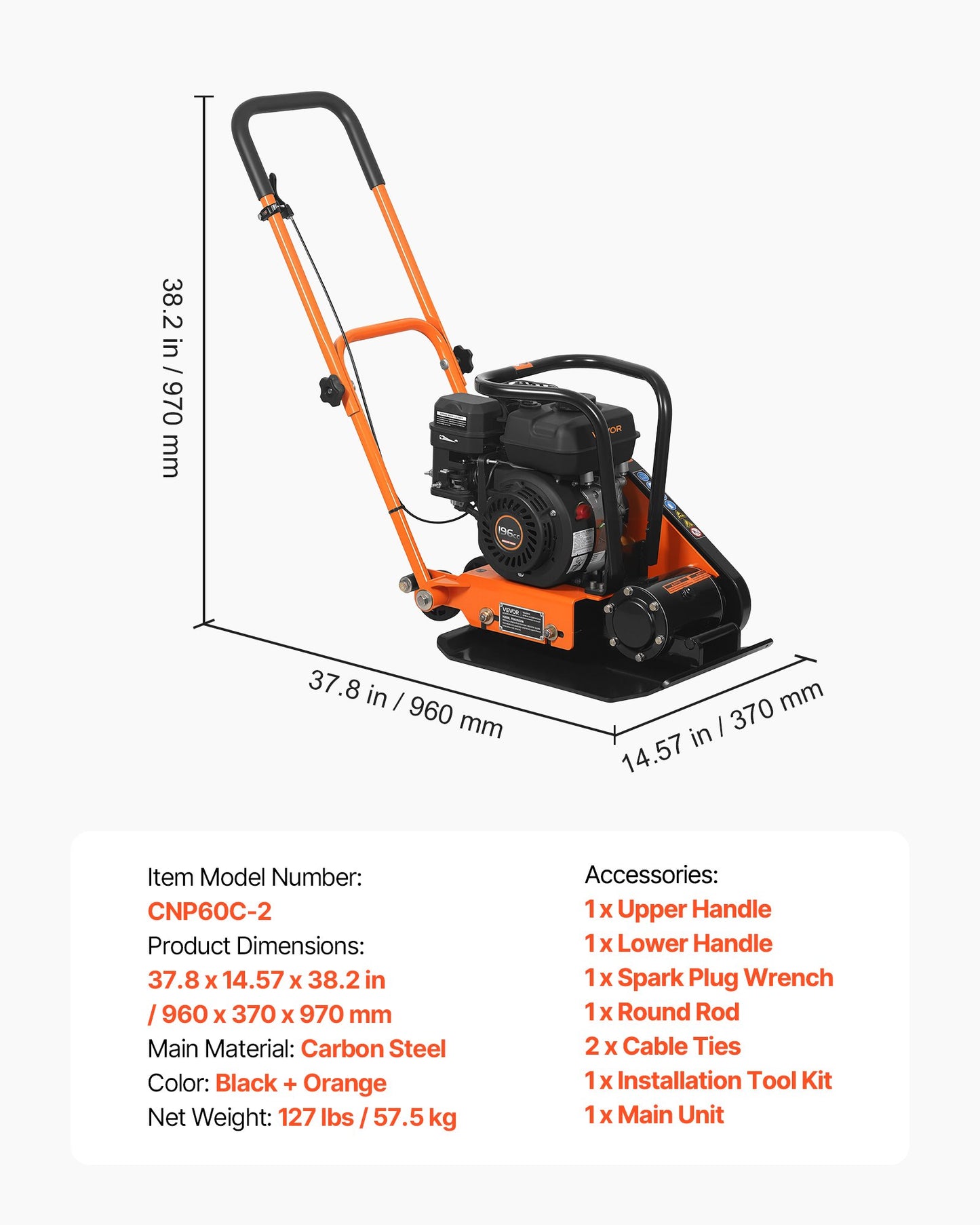 Gas Plate Compactor 6.5 HP 196CC Walk-Behind Ground Rammer for Paving Landscaping
