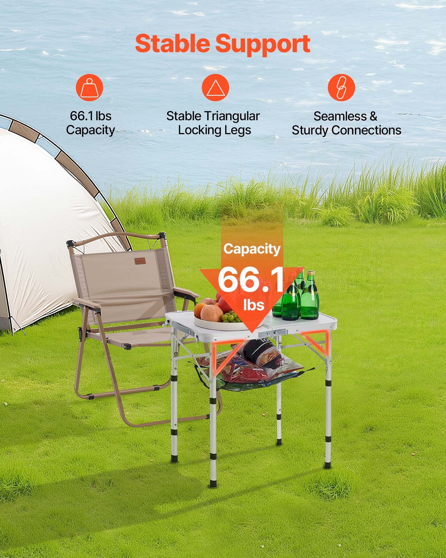 2ft Folding Portable Camping Table - Adjustable Height, Aluminum