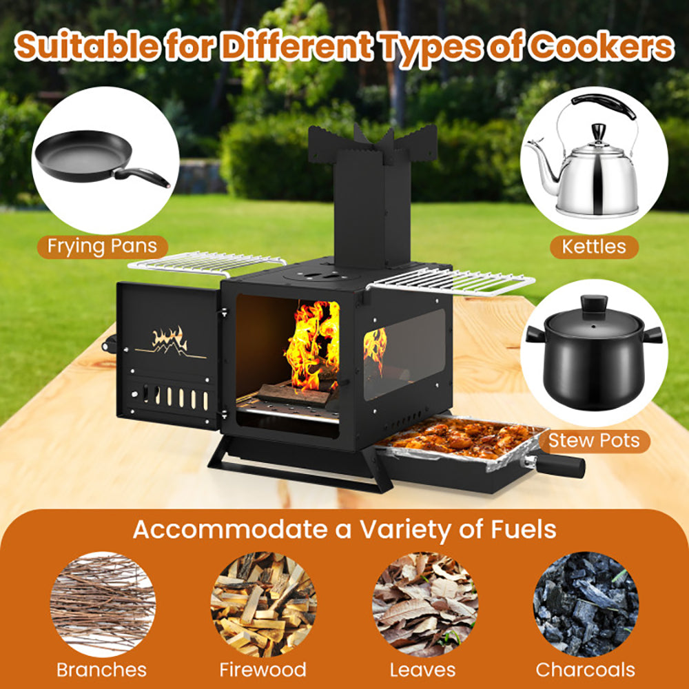Portable Wood Burning Stove with Oven Pan & Rack - Black