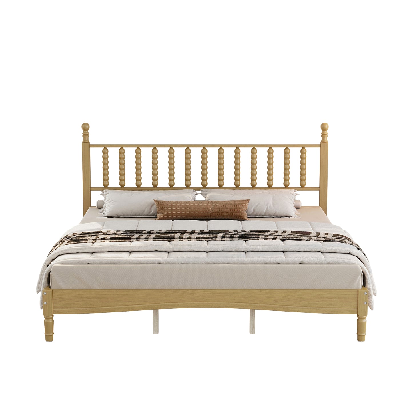 King Size Wood Platform Bed With Gourd Shaped Headboard,Retro Style