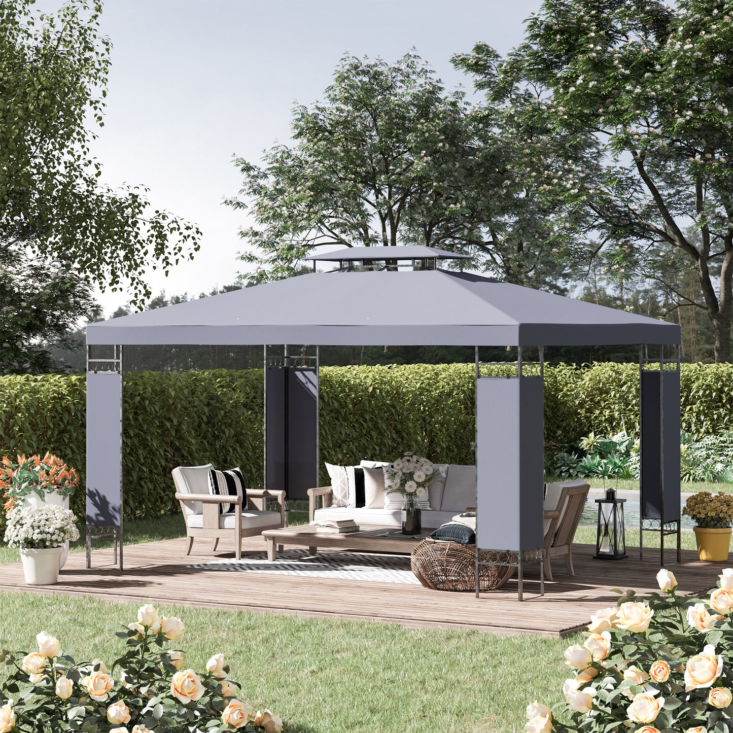 10x13 Gray Patio Gazebo - Double Roof Canopy Shelter with Screen