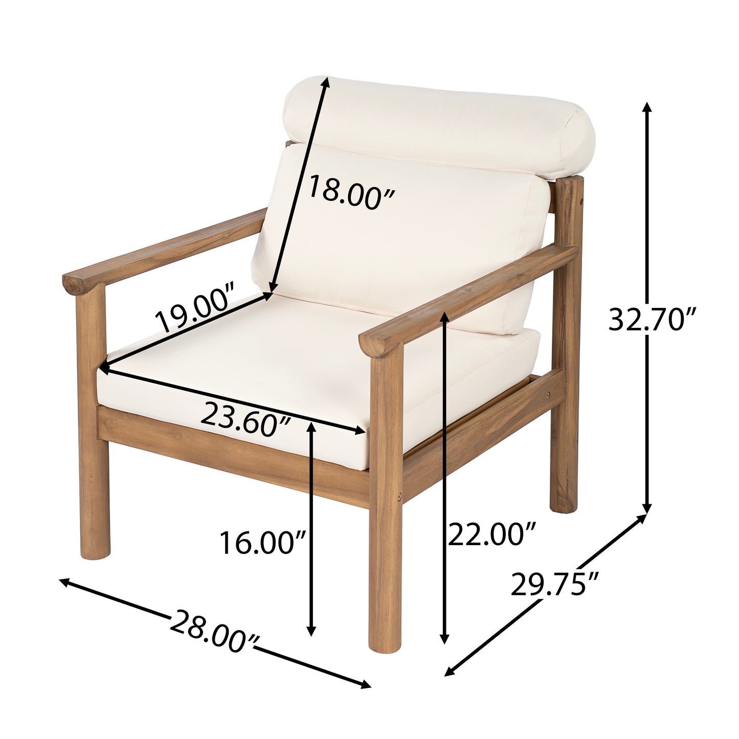 28-Inch Mid-Century Modern Acacia Wood Outdoor Chair with Cushions