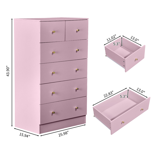 6-Drawer Dresser with Gold Handles - Modern Pink Cabinet