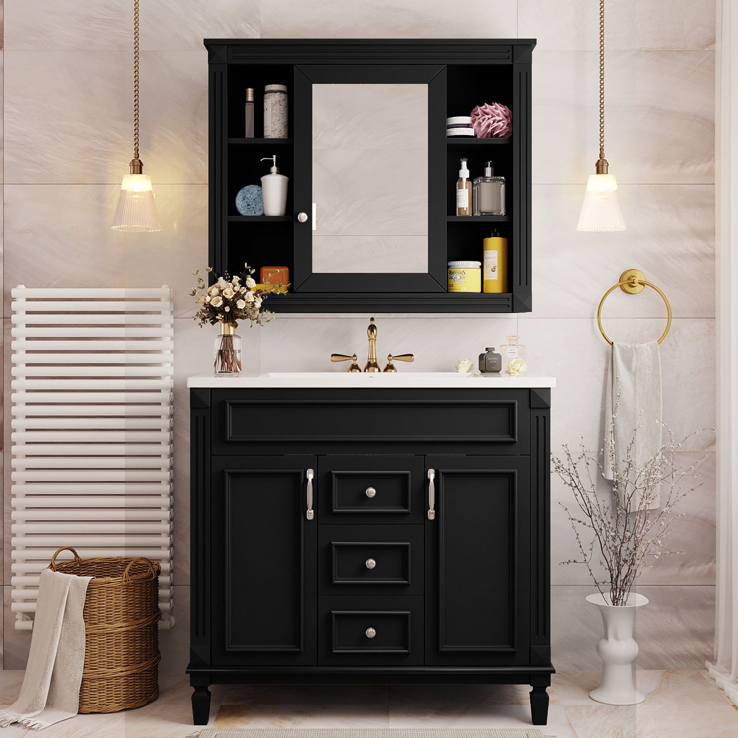 36'' Modern Bathroom Vanity with Black Mirror Cabinet & Sink