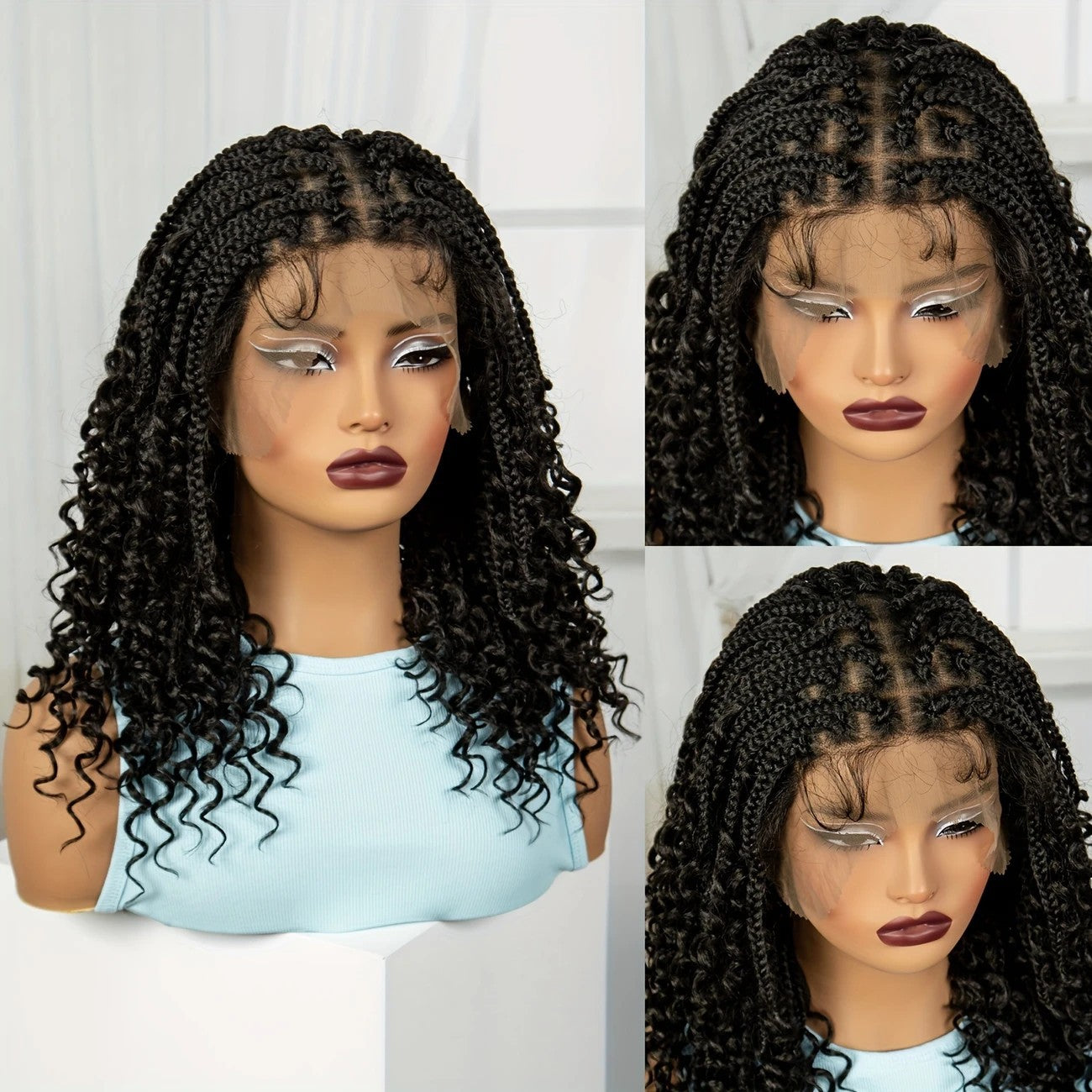 Three-Strand Braid Full Lace Synthetic Wig for Women - Long Curly Hair with Side Bangs