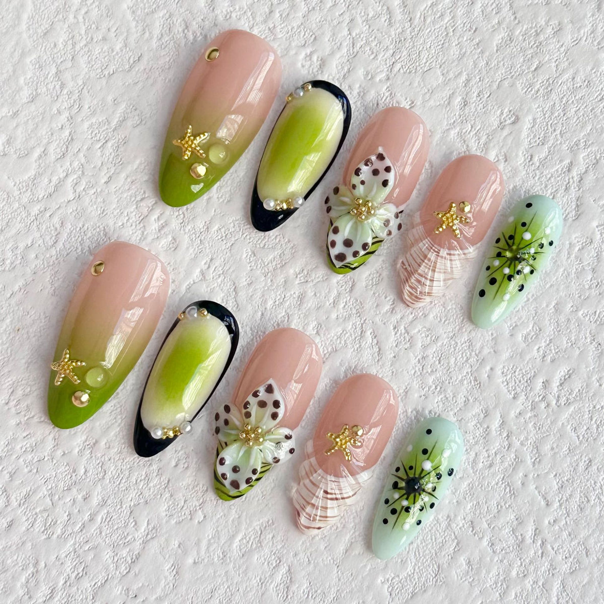 Handmade 3D Carved Green Nail Art Armor Kit - Multiple Sizes & Styles