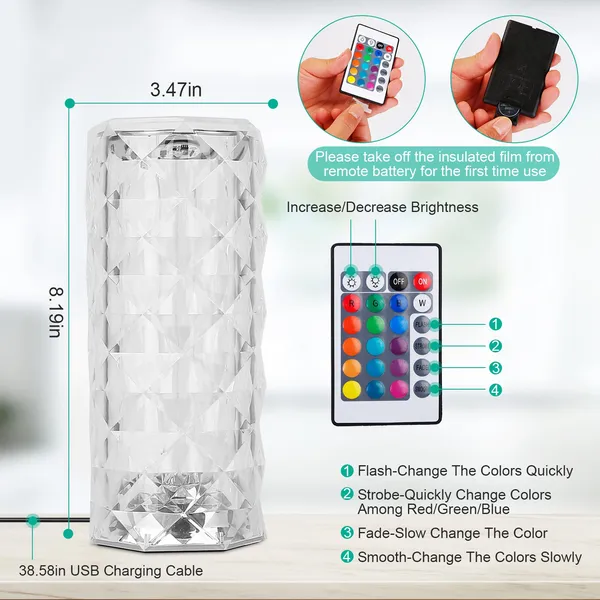 Crystal Diamond Rose Table Lamp - Dimmable Night Light with Remote & Touch Control