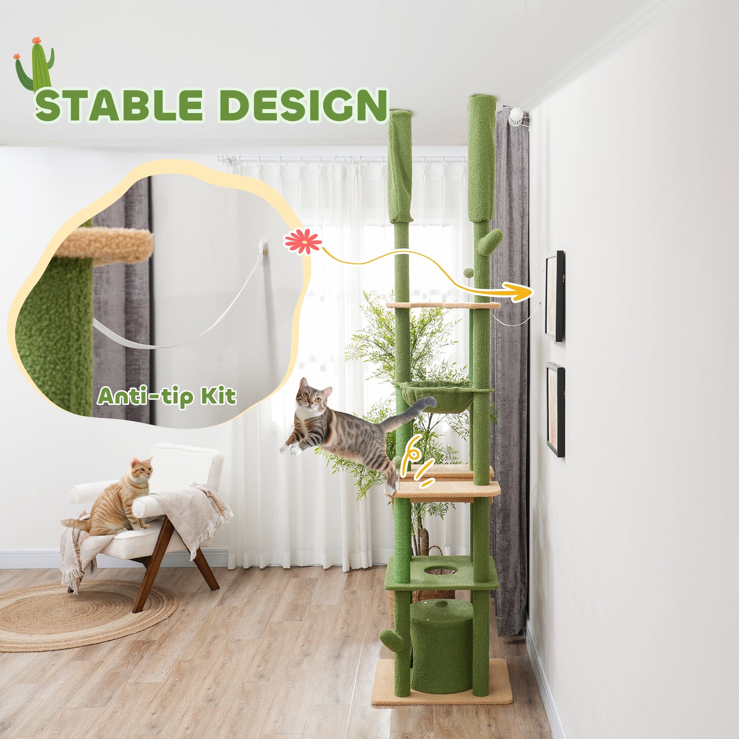 Adjustable Floor-to-Ceiling Cat Tree with Condos & Hammocks - Green