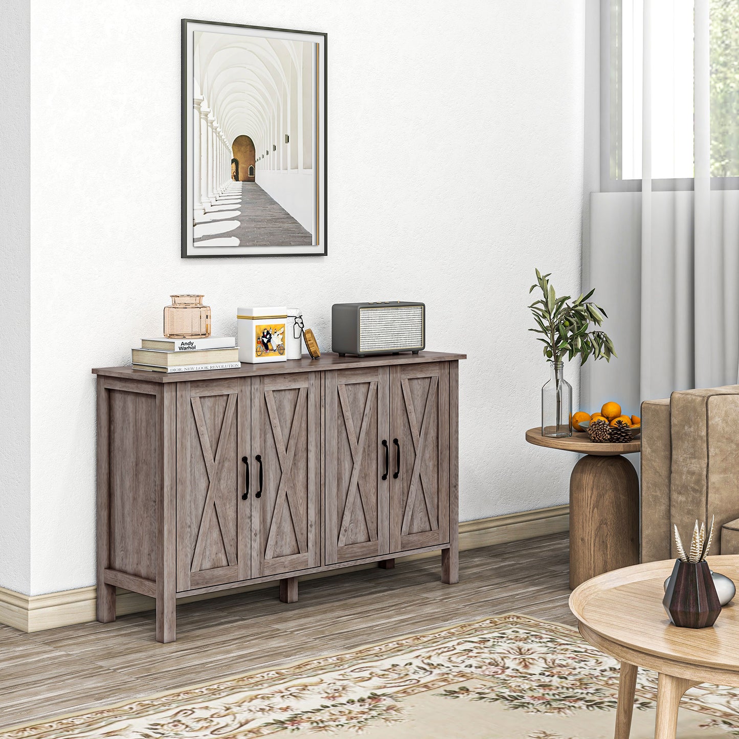 Farmhouse Sideboard Buffet with Barn Doors & Adjustable Shelves - Gray