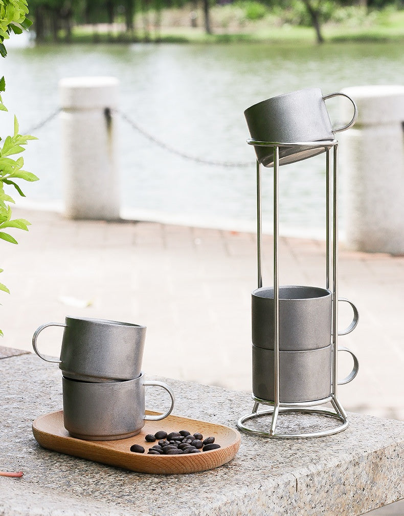 Outdoor Double-Deck Stainless Steel Coffee Cups Set with Storage Rack - Anti-Scald Insulated Drinkware