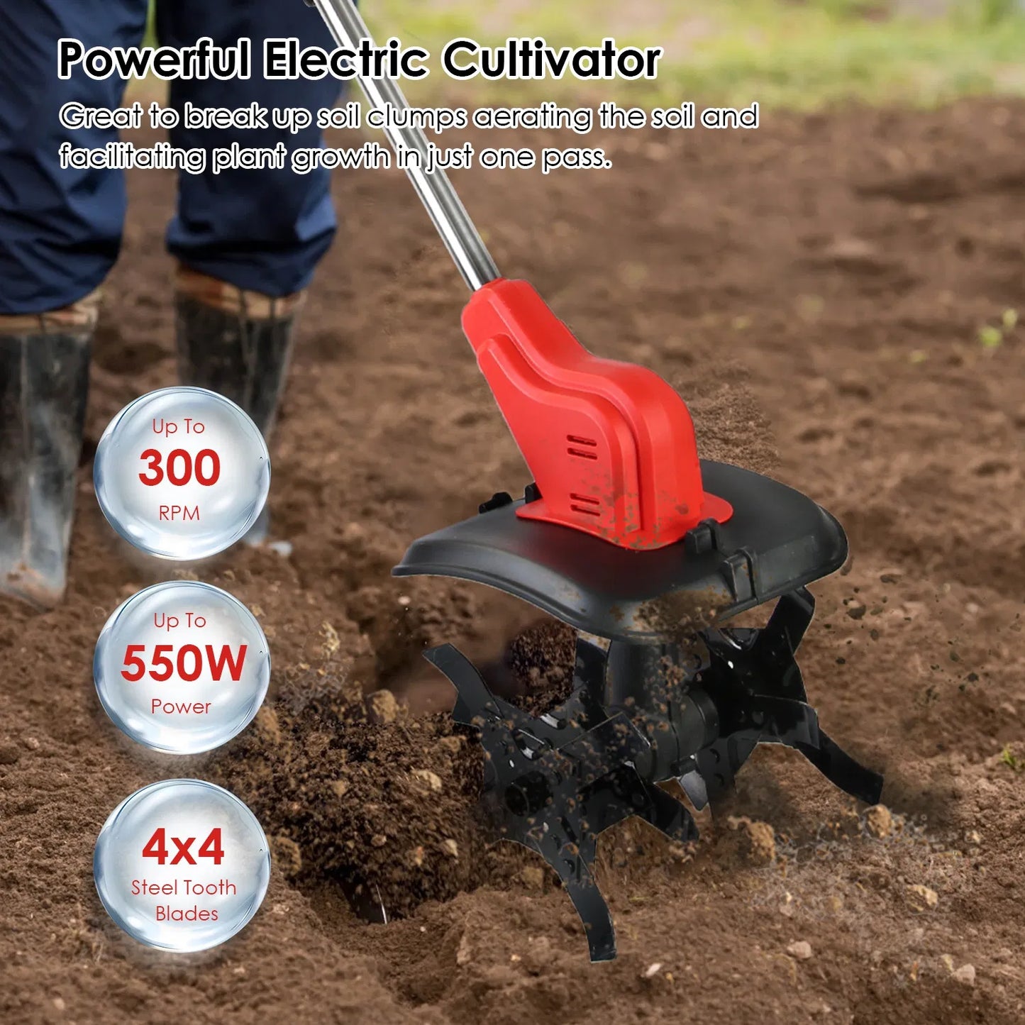 Cordless Electric Garden Tiller Cultivator 550W 16 Steel Tines 9-Inch Width