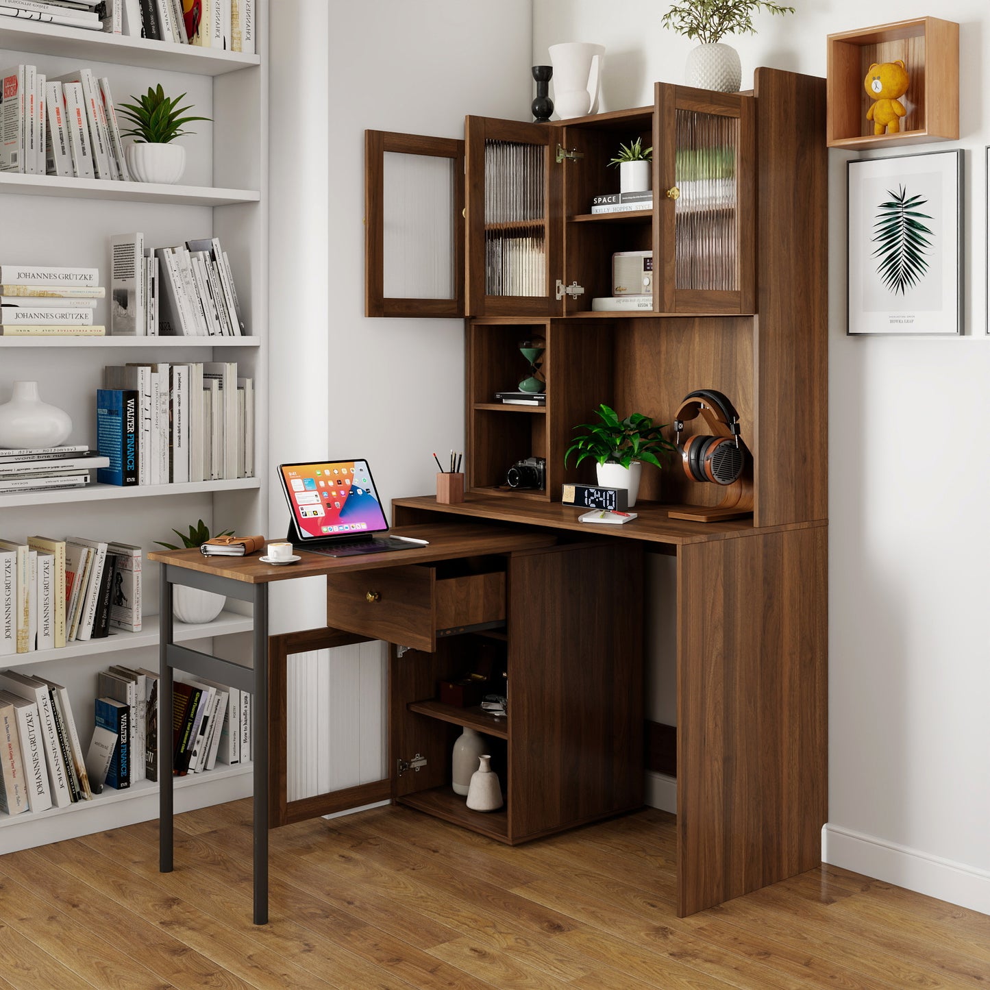 Computer Desk with Rotating Top & Glass Door - Walnut