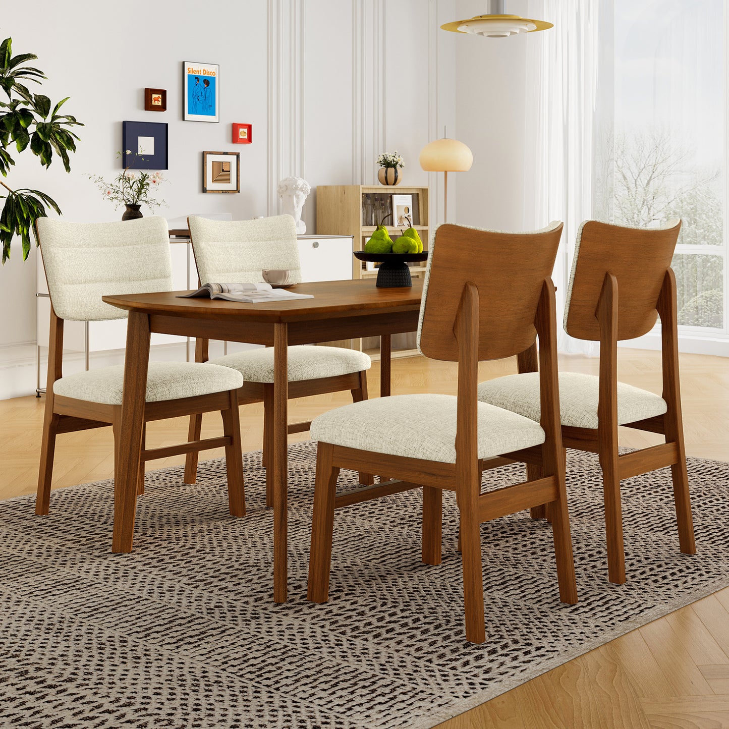 Farmhouse Dining Table Set for 4 with Upholstered Chairs - Brown & Beige