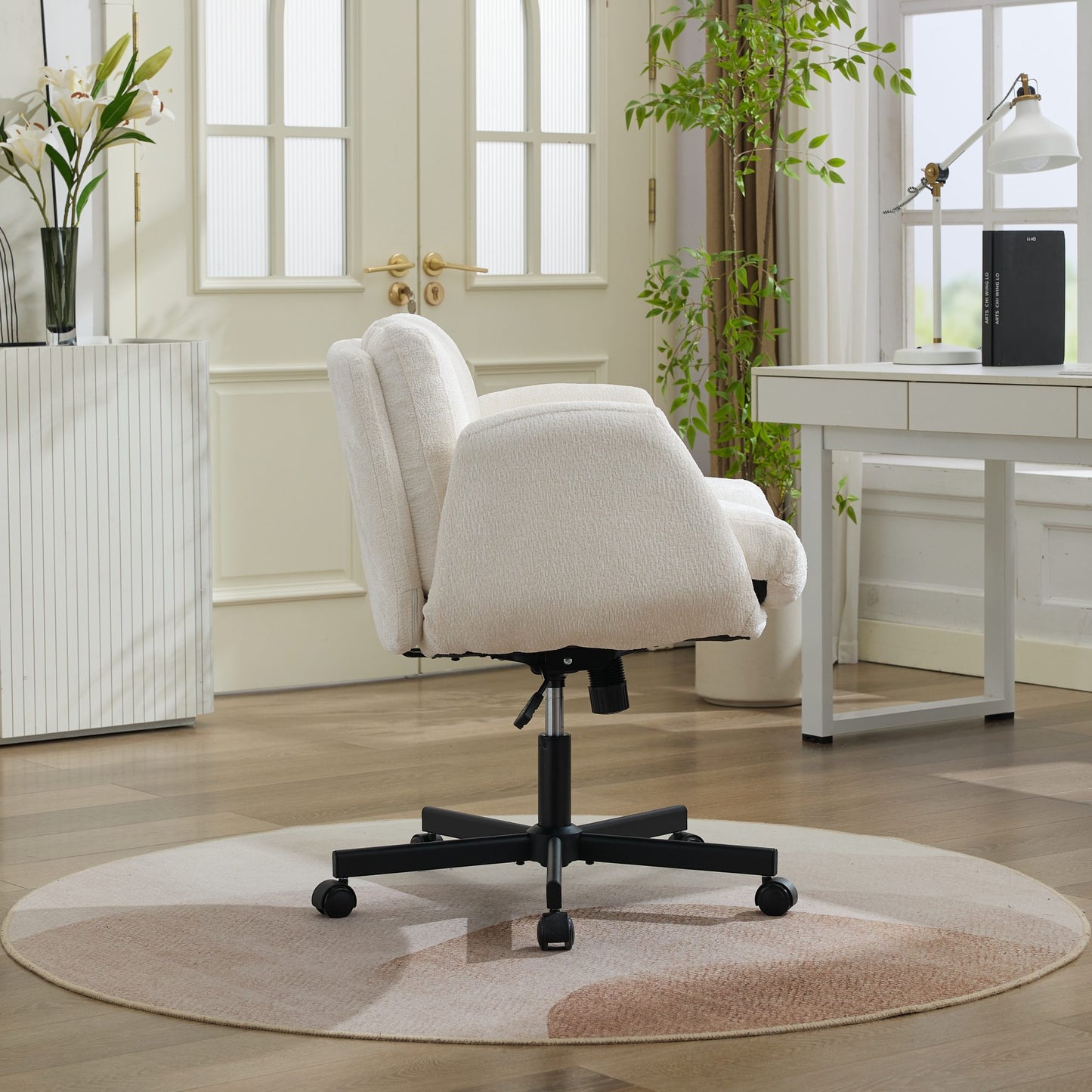 Chenille Swivel Office Chair - Height Adjustable with Armrests - Beige